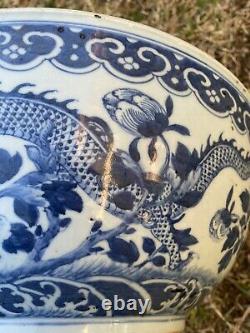 Superbe 14 Grand Antique Chinois Daoguang Blue Et White Bowl