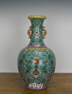 Superbe Émail Chinois Floral Vase En Porcelaine Turquoise Au Sol