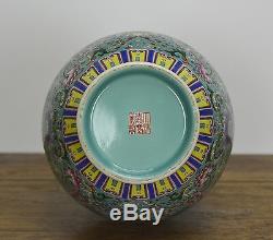 Superbe Émail Chinois Floral Vase En Porcelaine Turquoise Au Sol