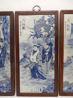 Superbe Ensemble De 4 Grandes Plaques D'immortels Chinoises En Porcelaine Bleue Et Blanche 34