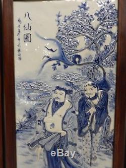 Superbe Ensemble De 4 Grandes Plaques D'immortels Chinoises En Porcelaine Bleue Et Blanche 34