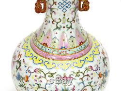 Superbe Vase En Porcelaine Floral Vieux Chinois Glacé Terre Rose