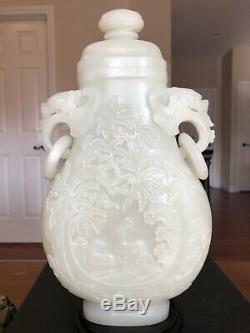 Superbe Vintage Jade Blanc Vase Chinois Bague Poignées Et Couverture