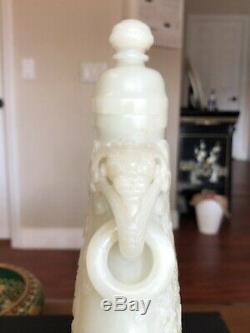 Superbe Vintage Jade Blanc Vase Chinois Bague Poignées Et Couverture