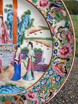 Une Belle Antique Chinoise Rose Médaillon Porcelaine Plaque Scène Figurale