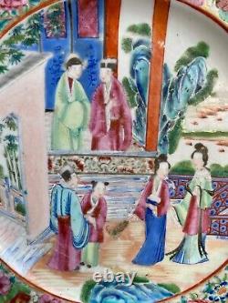 Une Belle Antique Chinoise Rose Médaillon Porcelaine Plaque Scène Figurale
