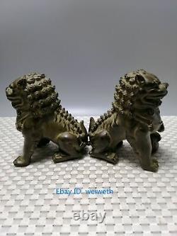 Une Paire Vieux Antiquités Chinois Bronze Fu Foo Dog Guardian Statues Lion