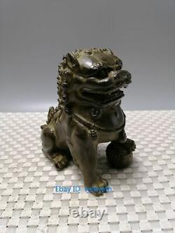 Une Paire Vieux Antiquités Chinois Bronze Fu Foo Dog Guardian Statues Lion