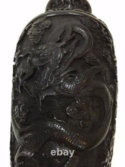 Vase De Cinnabar Noir Sculpté De Dragon Lourd Chinois Vintage, 9 Tall X 4 1/2 Plus Large