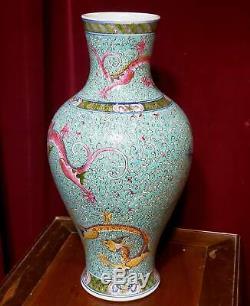 Vase Turquoise Famille Rose Dragons Vintage Porcelaine Chinoise