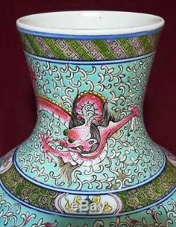 Vase Turquoise Famille Rose Dragons Vintage Porcelaine Chinoise