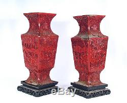 Vases Chinois Antique Cinabre Sculptés À La Main