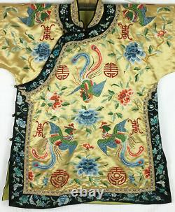 Veste Robe De Soie Chinoise Vintage Brodé Main Broderie Pheonix Qing