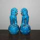 Vieille Paire Chinoise Marquée Bleu Glaze Porcelaine Foo Chiens Statues