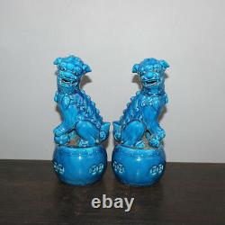 Vieille Paire Chinoise Marquée Bleu Glaze Porcelaine Foo Chiens Statues