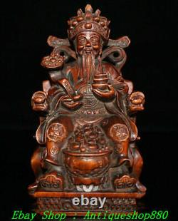 Vieux Chinois Boxwood Travail À La Main Carve Richesse De L'argent Yuanbao Dieu Mammon Statue