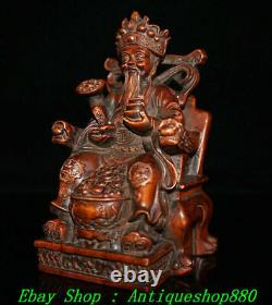 Vieux Chinois Boxwood Travail À La Main Carve Richesse De L'argent Yuanbao Dieu Mammon Statue