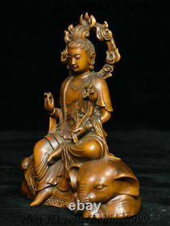 Vieux Chinois Boxwood Wood Carving Wenshu Manjushri Déesse Bouddha Eléphant Statue