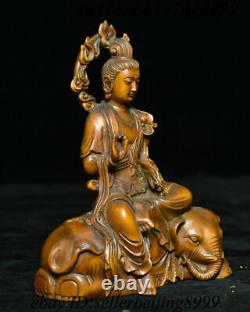 Vieux Chinois Boxwood Wood Carving Wenshu Manjushri Déesse Bouddha Eléphant Statue