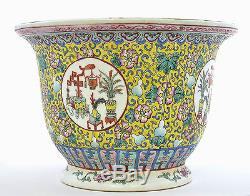 Vieux Chinois Famille Rose Jaune Porcelaine Pot Jardinière Sous Plate Mk