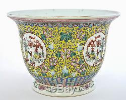 Vieux Chinois Famille Rose Jaune Porcelaine Pot Jardinière Sous Plate Mk