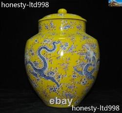Vieux pot en céramique chinoise à glaçure jaune avec motif de dragon et de fleurs