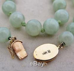 Vintage 26 Chinois Jadeite Jade 8.7mm Collier De Perles Avec Fermoir En Or 14k