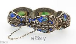 Vintage Argent Fin Chinois, Émail Et Jade Set Panels Bracelet Trouver