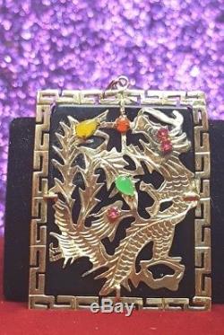 Vintage Chinois 14k Or A Grade Noir Jade Pendentif Jade Dragon Ruby Yeux