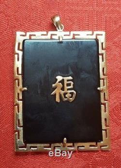 Vintage Chinois 14k Or A Grade Noir Jade Pendentif Jade Dragon Ruby Yeux