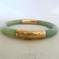 Vintage Chinois 14k Or Jaune Vert Jadeite Bracelet Jade Bangle (29,2 Grammes)
