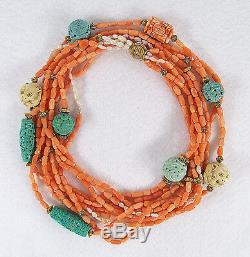 Vintage Chinois Corail Sculpté Turquoise Perles Perles Cinq Strand Collier
