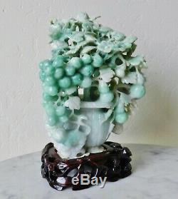 Vintage Chinois D'apple Jade Vert Et Blanc Sculpture Prunus Bush Jadéite Néphrite