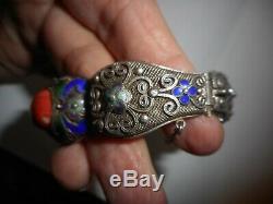 Vintage Chinois D'exportation Vermeil Émail Filigrane Bracelet Corail