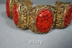 Vintage Chinois Export Argent Vermeil Filigree Main Sculpté Cinnabar Bracelet