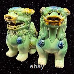 Vintage Chinois Foo Dogs-fu Lions Potterie Vert Taiwan Fait Set 7.25t 5.5w