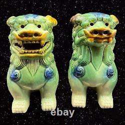 Vintage Chinois Foo Dogs-fu Lions Potterie Vert Taiwan Fait Set 7.25t 5.5w