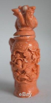 Vintage Chinois Lion Orange Sculpté À La Main Corail Happy Boy Figure Tabac À Priser Bouteille