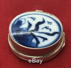 Vintage Collier D'argent Sterling 925 Antique Céramique Médaillon Chinois Pendentif Bleu