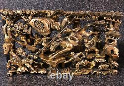 Vintage Detailed Warriors Chinese Asian Gold Art Antique Carving Wood Panel