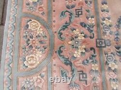Vintage Hand Made Art Déco Chinese Oriental Pink Green Wool Rug Carpet 366x272cm