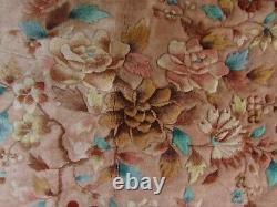 Vintage Hand Made Art Déco Chinois Oriental Beige Pink Wool Tapis 345x305cm
