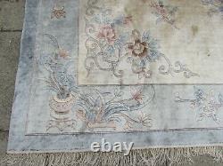 Vintage Hand Made Art Déco Chinois Oriental Silk Blue Large Carpet 356x268cm