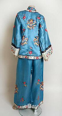 Vintage Pyjama Chinois Ciel Bleu Soie Monkey Dragon Brodé Floral Lounge