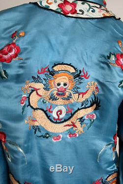 Vintage Pyjama Chinois Ciel Bleu Soie Monkey Dragon Brodé Floral Lounge