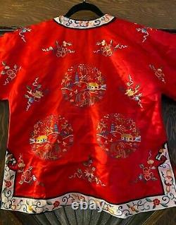 Vintage Rouge Brodé Chinois Soie Cheongsam Robe Kimono Manteau Veste
