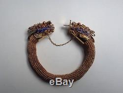 Vntg Chinese Export Bracelet Vermeil Argent Dragon Doré Oeil De Corail En Émail