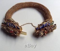 Vntg Chinese Export Bracelet Vermeil Argent Dragon Doré Oeil De Corail En Émail