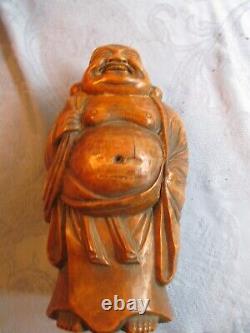 Vtg Chinese Bamboo Wood Carving Statue Hotei Statue Bouddha Bouddhiste Signé