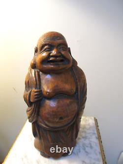 Vtg Chinese Bamboo Wood Carving Statue Hotei Statue Bouddha Bouddhiste Signé